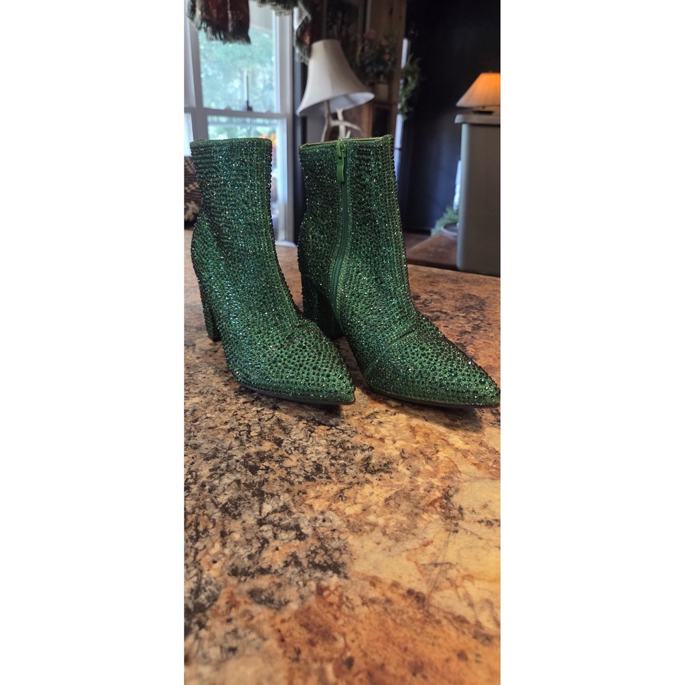 Forever Green Sequin Ankle Boots Women Size 7 Pointed Toe Block Heel Bootie